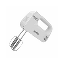 Side view of white Dominion 3-speed hand mixer with chrome beaters