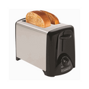 Dominion 2-slice toaster with two slices of bread, stainless steel sides and black trim