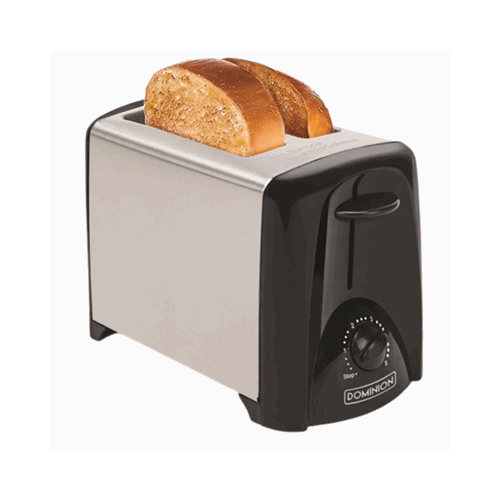 Dominion 2-slice toaster with two slices of bread, stainless steel sides and black trim