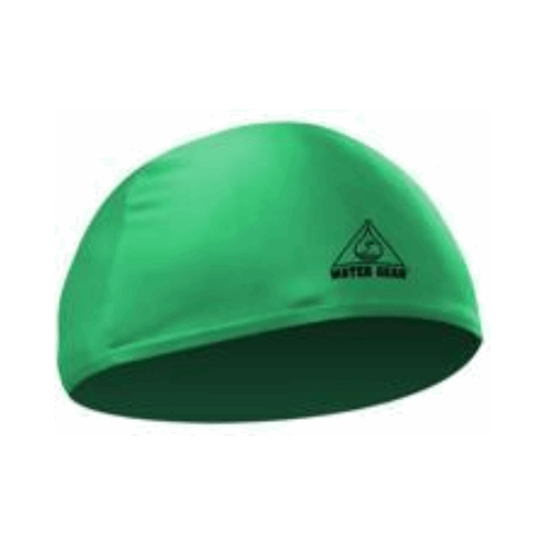 Neon lime green lycra swim cap floating on a white background