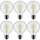 Six clear G25 globe LED bulbs with visible filament and round glass design