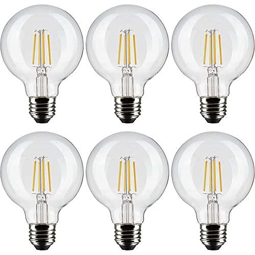 Six clear G25 globe LED bulbs with visible filament and round glass design