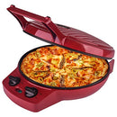 Red electric pizza maker with a cooked pizza inside, lid open, and controls visible.