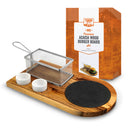 Yukon Glory Burger Serving set, Includes Premium Acacia Wood Board With Slate, Stainless Steel Fry Basket, Porcelain Condiment Cups,