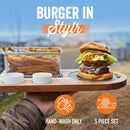 Yukon Glory Burger Serving set, Includes Premium Acacia Wood Board With Slate, Stainless Steel Fry Basket, Porcelain Condiment Cups,