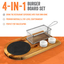 Yukon Glory Burger Serving set, Includes Premium Acacia Wood Board With Slate, Stainless Steel Fry Basket, Porcelain Condiment Cups,