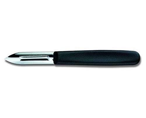 Victorinox straight-edge peeler with a stainless steel blade and black ergonomic handle.