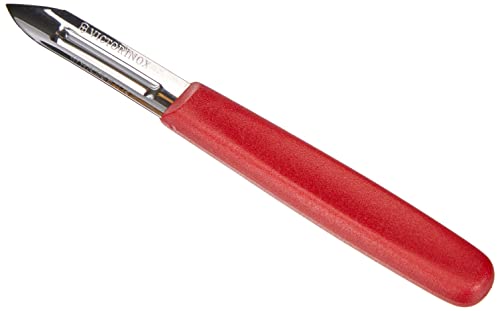 Victorinox straight-edge peeler with a stainless steel blade and red ergonomic handle.