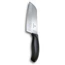 Victorinox 7-inch Granton edge Santoku knife with a stainless steel blade and black ergonomic Fibrox handle.