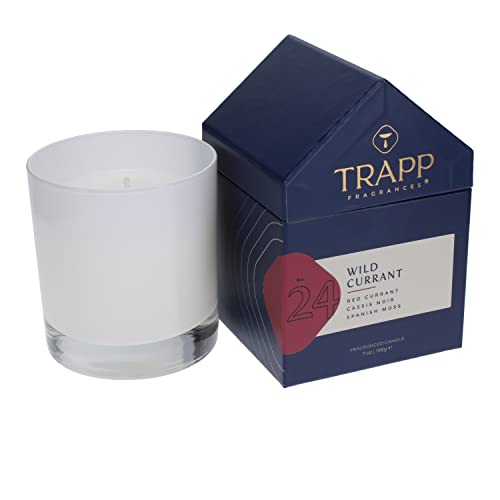 Trapp No. 24 Wild Currant 7 oz. House Box Candle in a frosted white glass container, placed next to its signature navy and red house-shaped packaging.