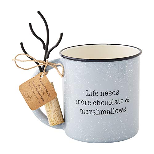 Gray enamel-style Mud Pie S’mores Mug Set with the phrase "Life needs more chocolate & marshmallows," featuring a 5.5-inch marshmallow roasting fork tied with twine, perfect for hot cocoa and s’mores lovers.