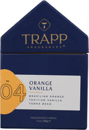 Front view of the Trapp No. 4 Orange Vanilla House Box Candle packaging, showcasing its bold navy and orange design with elegant branding.