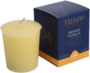 Trapp No. 04 Orange Vanilla 2 oz. Votive Candle in a creamy yellow wax form, displayed next to its navy and orange packaging.