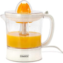Dominion white electric citrus juicer filled with orange juice, featuring a clear 34oz container and orange reamer top