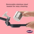 Black potato and vegetable ricer with a sturdy design, showing a metal mashing basket and long handles.