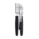A black and silver manual can opener featuring a comfortable black handle, a side-cutting wheel, and a folding black crank mechanism.