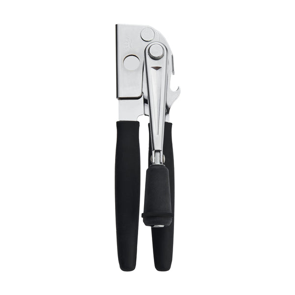 Front view of the Swing-A-Way Easy-Crank Can Opener with black handles in closed position