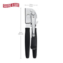 A black and silver manual can opener featuring a comfortable black handle, a side-cutting wheel, and a folding black crank mechanism.