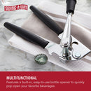 A black and silver manual can opener featuring a comfortable black handle, a side-cutting wheel, and a folding black crank mechanism.