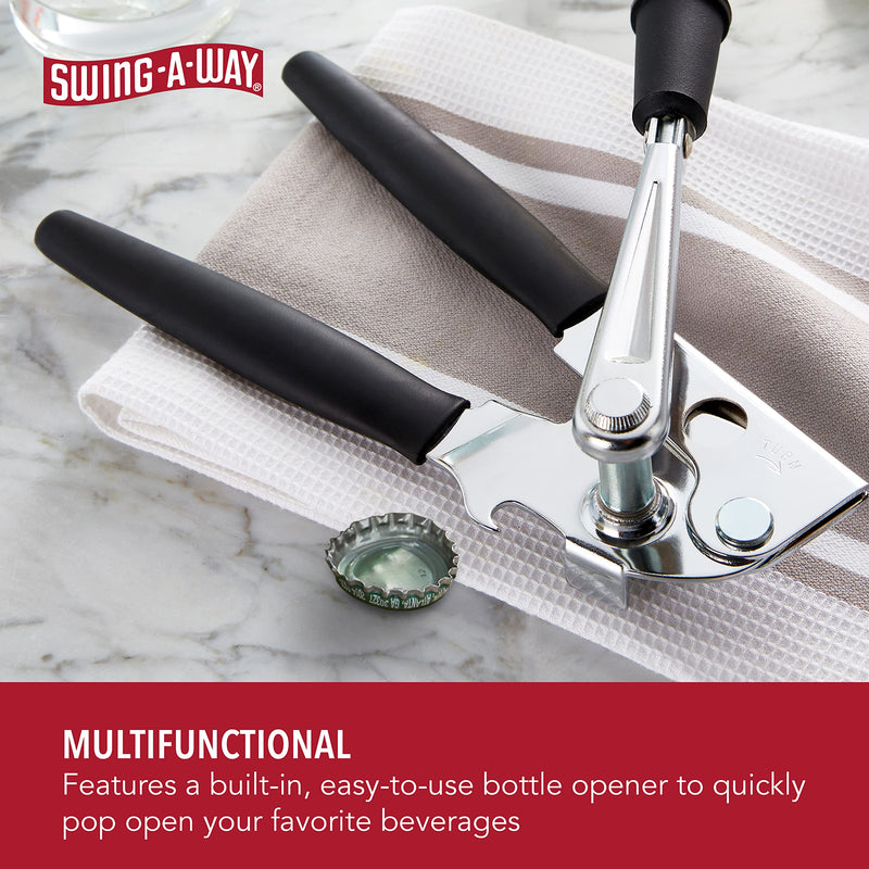 Swing-A-Way can opener on a kitchen towel, shown with integrated bottle opener and bottle cap