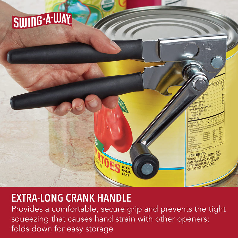 Can opener in use opening a large can, highlighting the extra-long crank handle