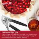 A black and silver manual can opener featuring a comfortable black handle, a side-cutting wheel, and a folding black crank mechanism.