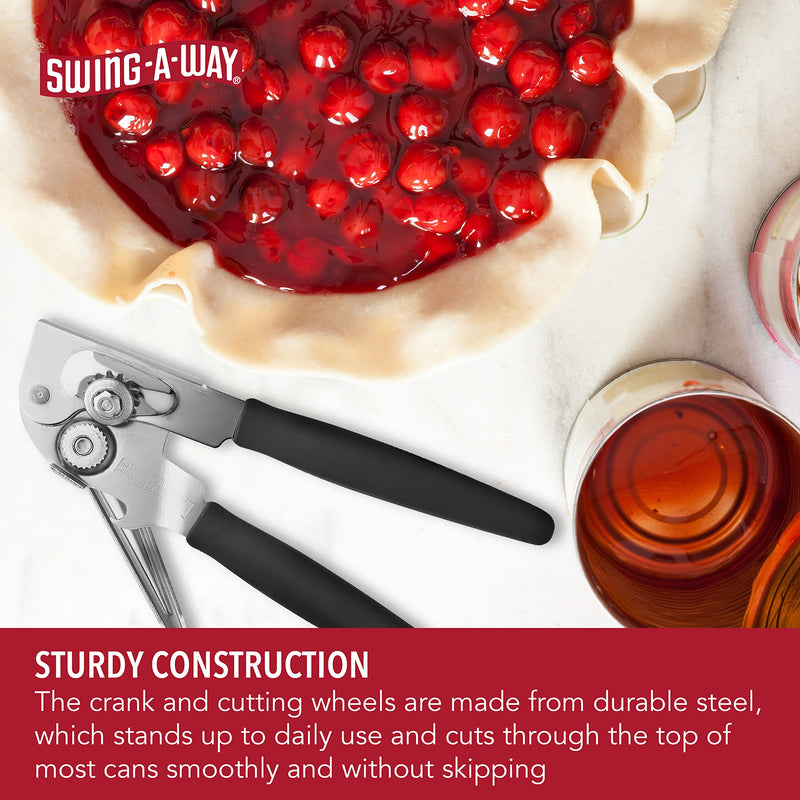 Swing-A-Way opener next to a pie and cranberry can, showcasing sturdy steel build