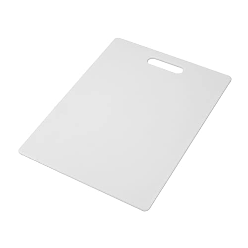 White plastic Farberware cutting board with an easy-grip handle, 11" x 14".