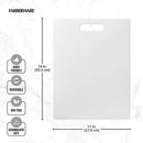 Size dimensions image showing Farberware 11” x 14” cutting board with icons for dishwasher safety, reversibility, and durability.