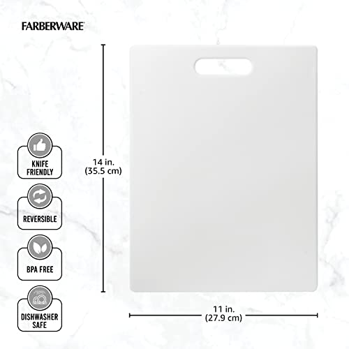 Size dimensions image showing Farberware 11” x 14” cutting board with icons for dishwasher safety, reversibility, and durability.