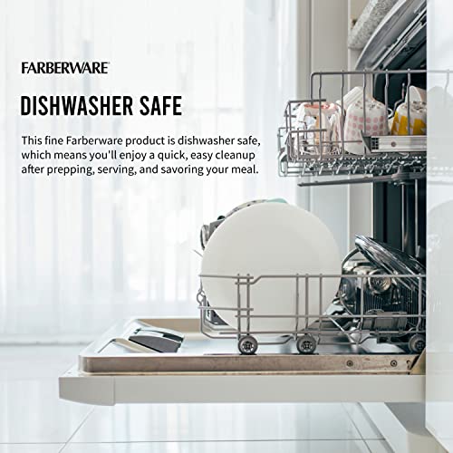Farberware cutting board loaded into a dishwasher rack for easy cleaning demonstration.