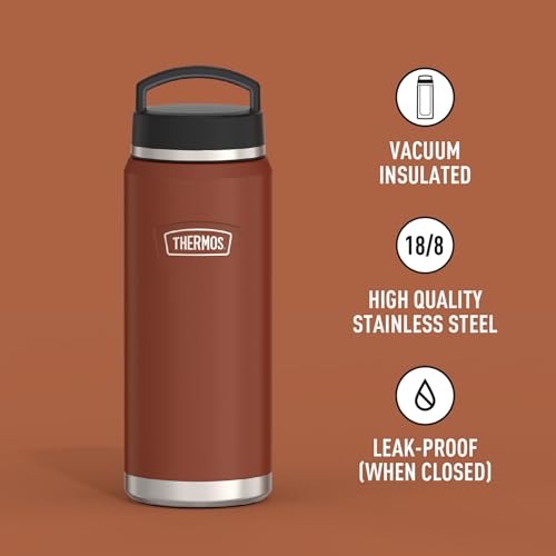 Front view listing vacuum insulation, stainless steel, and leak-proof features