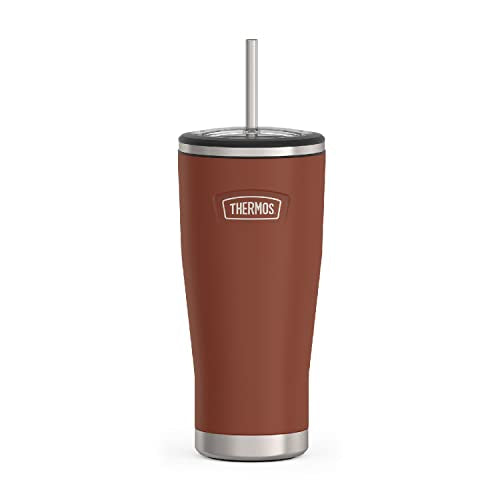 Thermos ICON Series cold tumbler in saddle color with stainless steel straw