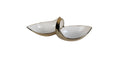 White porcelain double snack bowl with gold accents, featuring a unique connected design for serving multiple snacks elegantly.