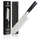 Babish 7.5-inch Clef kitchen knife with wide blade and black handle displayed next to branded box