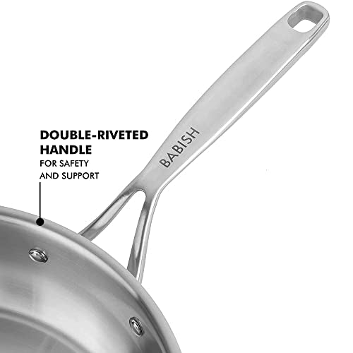 Close-up view of the Babish frying pan’s double-riveted stainless steel handle.