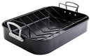 Black non-stick turkey roasting pan with stainless steel handles and an included V-shaped roasting rack.