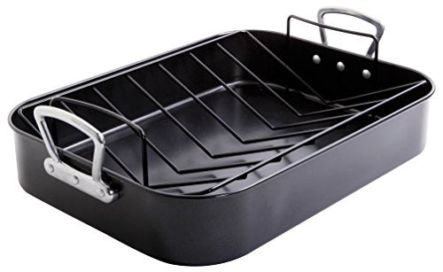 Black non-stick turkey roasting pan with stainless steel handles and an included V-shaped roasting rack.