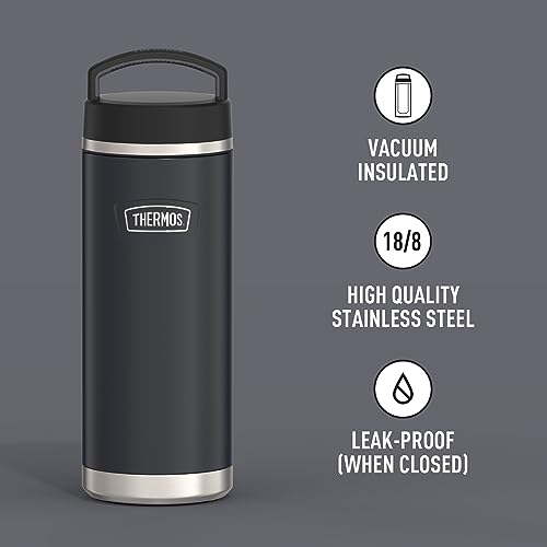 Front view of bottle with insulation, stainless steel, and leak-proof feature labels