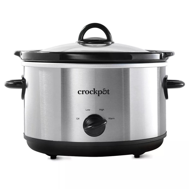 Hamilton Beach Crock Pot 4.5-quart stainless steel slow cooker with black handles and dial knob on a white background