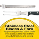 Electric carving knife and fork set with gray storage case.