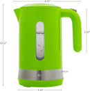 Dimensions for Green OVENTE 1.8L electric kettle with ProntoFill lid, removable spout filter, and water level window on a white background.