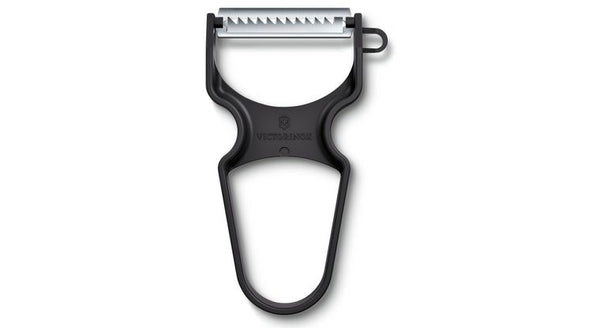 Victorinox Rapid Julienne Peeler with a black ergonomic handle and stainless steel serrated blade.