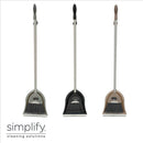 Three upright broom and dustpan sets in gray, black, and beige colors are displayed side by side on a white background. The logo "simplify. CLEANING SOLUTIONS" is in the bottom left corner.