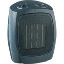 Brentwood Portable Ceramic Space Heater and Fan, as a rounded, compact design in a black color. The front features a black honeycomb grill protecting the ceramic heating element. On the top, there are two rotary dials for adjusting the thermostat and selecting the heat or fan mode. A small indicator light is also visible on the front.
