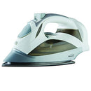 Steam iron with a nonstick soleplate and retractable cord shown in upright position on a white background.