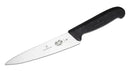 A stainless steel carving knife with a sharp, wavy (serrated) edge and a curved, textured black Fibrox handle.