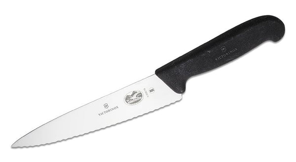 A Victorinox 6-inch serrated utility knife with a black Fibrox handle, featuring a sharp stainless steel blade designed for precision cutting.