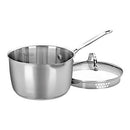 A stainless steel Cuisinart saucepan with a long polished handle and a matching stainless steel lid with built-in strainer holes on the rim, displayed on a white background.