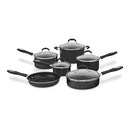 Black 11-piece Cuisinart nonstick cookware set with glass lids displayed on white background